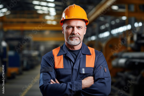 Portrait of Industry maintenance engineer man wearing uniform and safety hard hat on factory station.