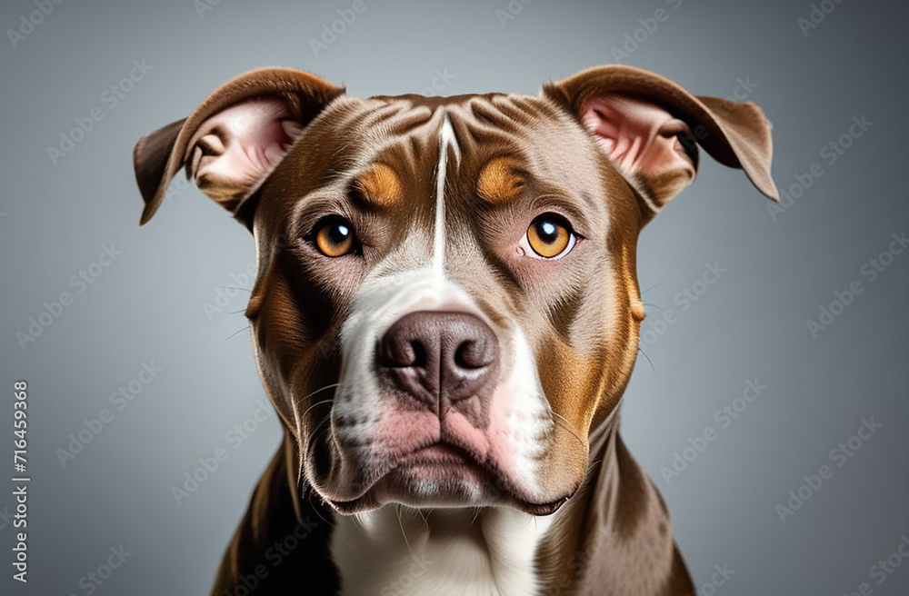 Portrait of a pit bull on a gray background.