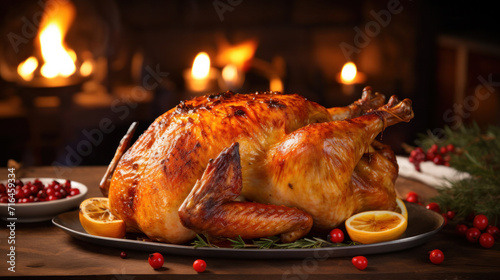 Roasted chicken or baked thanksgiving turkey on a Christmas.