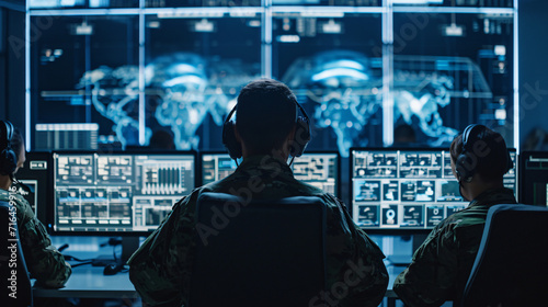 Military personnel computer experts in office