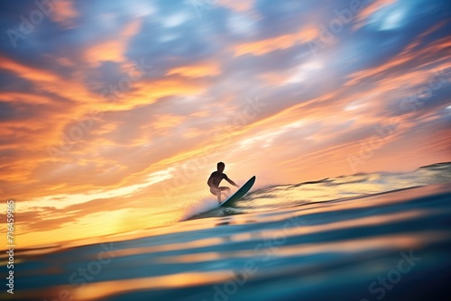 silhouette of a surfer riding a wave during sunset © primopiano