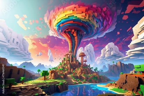 Minecraft inspired colorful tornado. Minecraft texture world. Cube landscape illustration background abstract, 3d nature, game earth cube voxel surface landscape. Generative AI