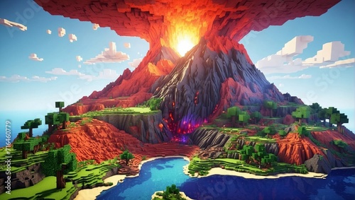 Minecraft inspired colorful volcano eruption. Minecraft texture world. Cube landscape illustration background abstract, 3d nature, game earth cube voxel surface landscape. Generative AI