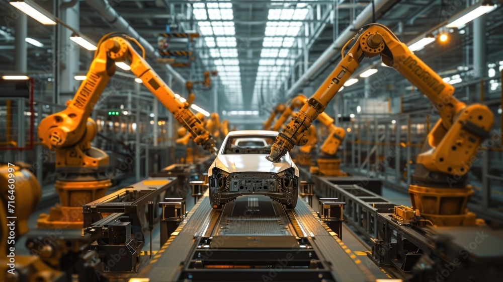 Automated Robot Arm Assembly Line Manufacturing High-Tech Green Energy Electric Vehicles. Automatic Construction, Building, Welding Industrial Production Conveyor Car Factory Concept: