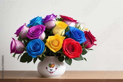 Beautiful Flower. Colorful Roses with Vase. Generated AI