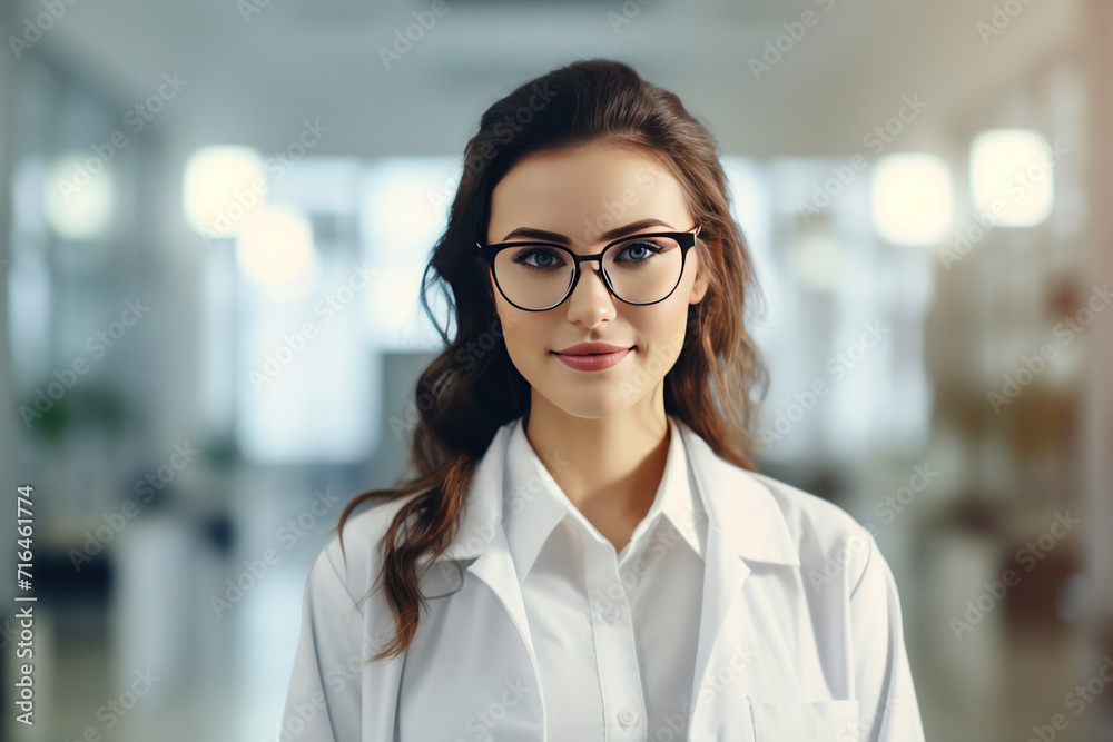 Fototapeta premium A beautiful young woman scientist wearing white coat and glasses in modern medical science laboratory.