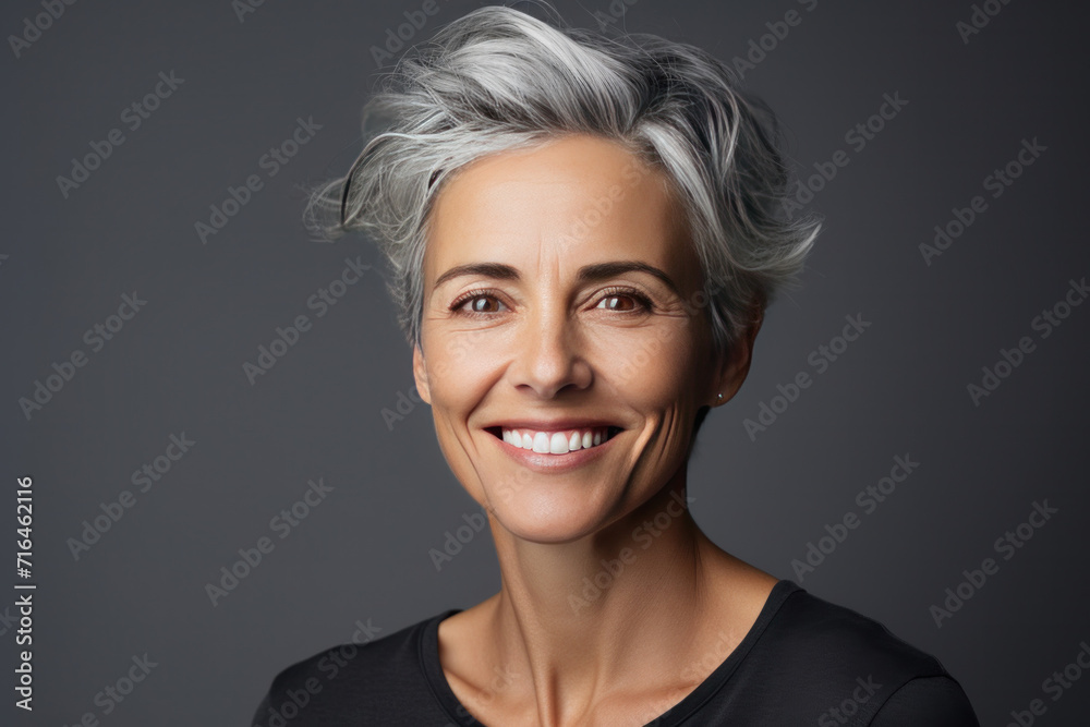 A smiling middle aged woman on grey background. A smiling middle aged woman on grey background.