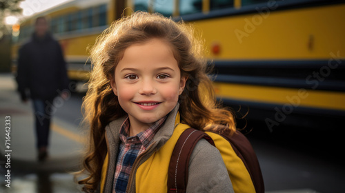 An elementary student girl smiling and ready to board school bus.