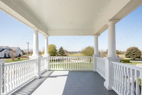 white balustrade on the veranda of a shingle style coastal home