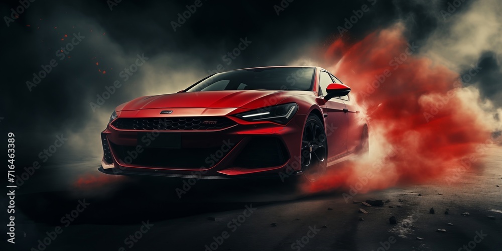 Fototapeta premium Red Sports Car Speeding on Dark Road in Exhilarating Drive