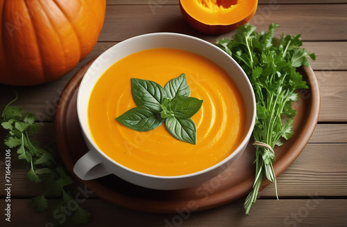 Pumpkin soup on a wooden table.
