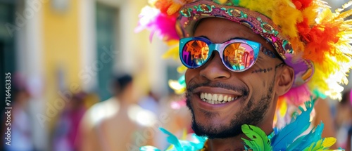 Beautiful young man samba dancers performing in carnival costume . Concert, Festive time, dance, party and sexy with a male dance group at a celebration in Rio de Janeiro. Generative ai photo