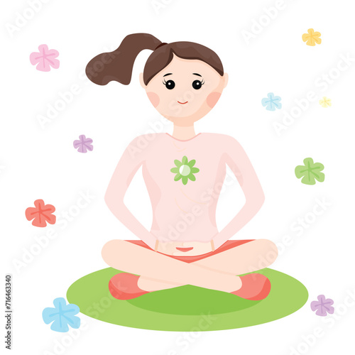 Women are exercising. Sitting on one garden holding up arms, separate flat vector illustration on white background.