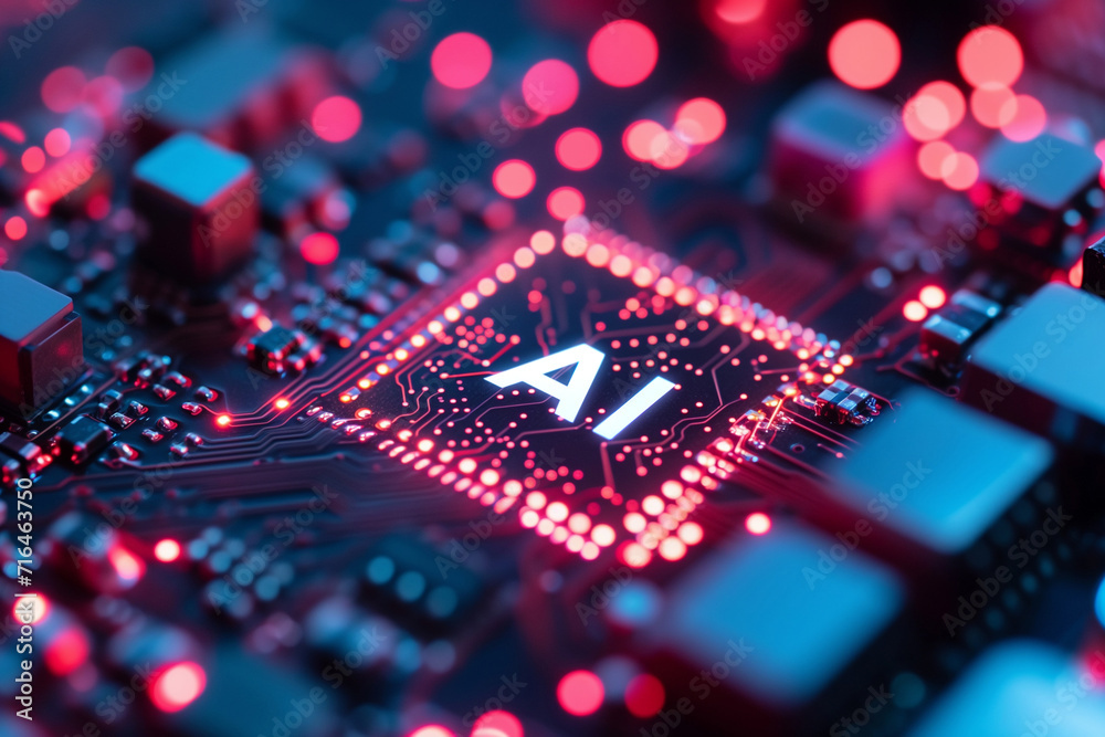 AI chip on a printed circuit board. Micro chip with AI text. Artificial intelligence concept. AI chip on a printed circuit board. Micro chip with AI text. Artificial intelligence concept.
