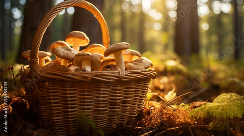 basket full of mushrooms in nature. Edible forest mushroom growing in moss in the forest in sunlight close-up. photo