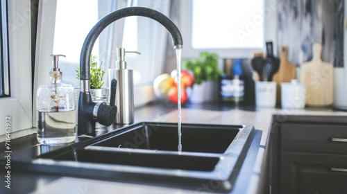 Black kitchen sink with faucet and water in a modern kitchen.