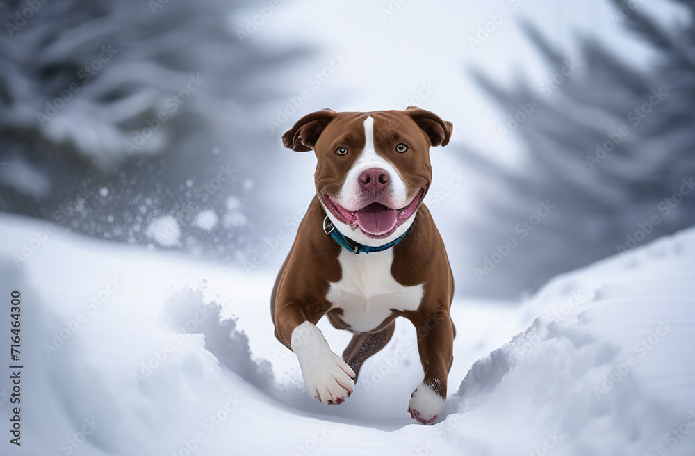 Pit bull runs through snow-white snowdrifts. Pit bull runs through snow-white snowdrifts.