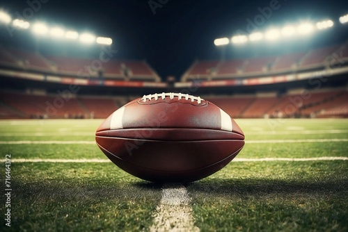 Close up of American Football resting on the field of a Football stadium during a game. 