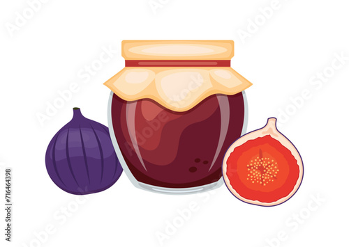 Fig jam in glass jar and fresh figs vector illustration. Glass of fig marmalade design element. Fig jam jar icon set isolated on a white background