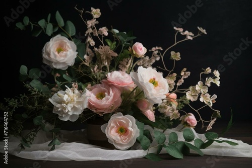 Arrangement adorned with pale pink watercolor blossoms and eucalyptus foliage. Generative AI