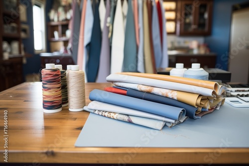 rolled fabric swatches on a tailors worktable