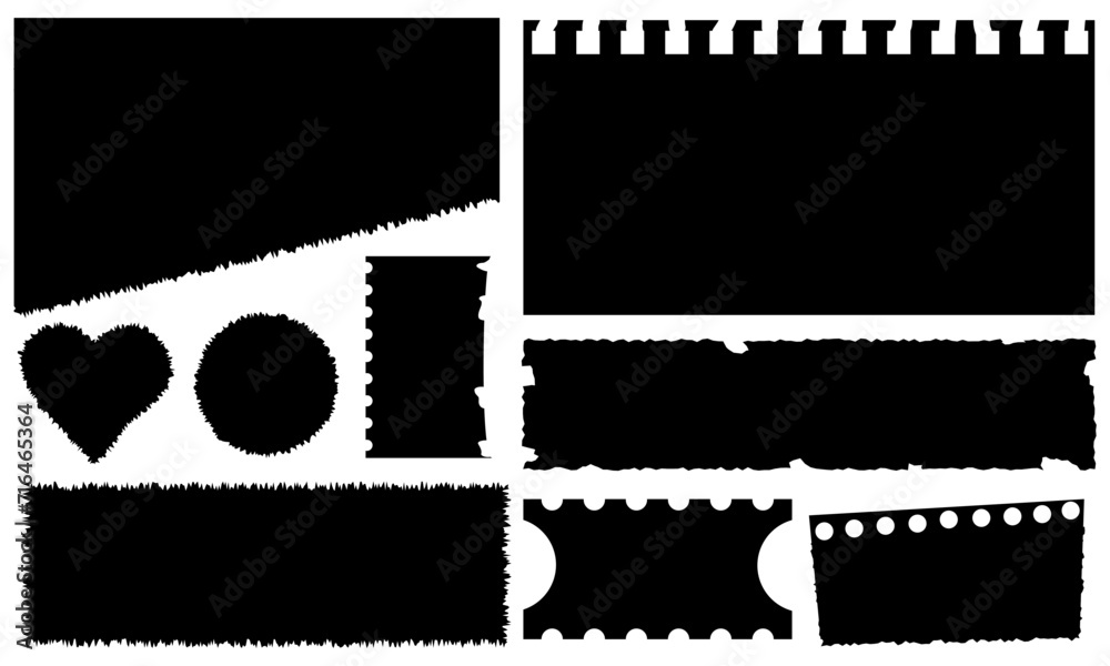 Set of torn paper silhouettes. A torn notebook, pieces of paper, a ticket and a coupon. Elements for collage designs on isolated transparent background. Vector illustration Set of torn paper silhouettes. A torn notebook, pieces of paper, a ticket and a coupon. Elements for collage designs on isolated transparent background. Vector illustration