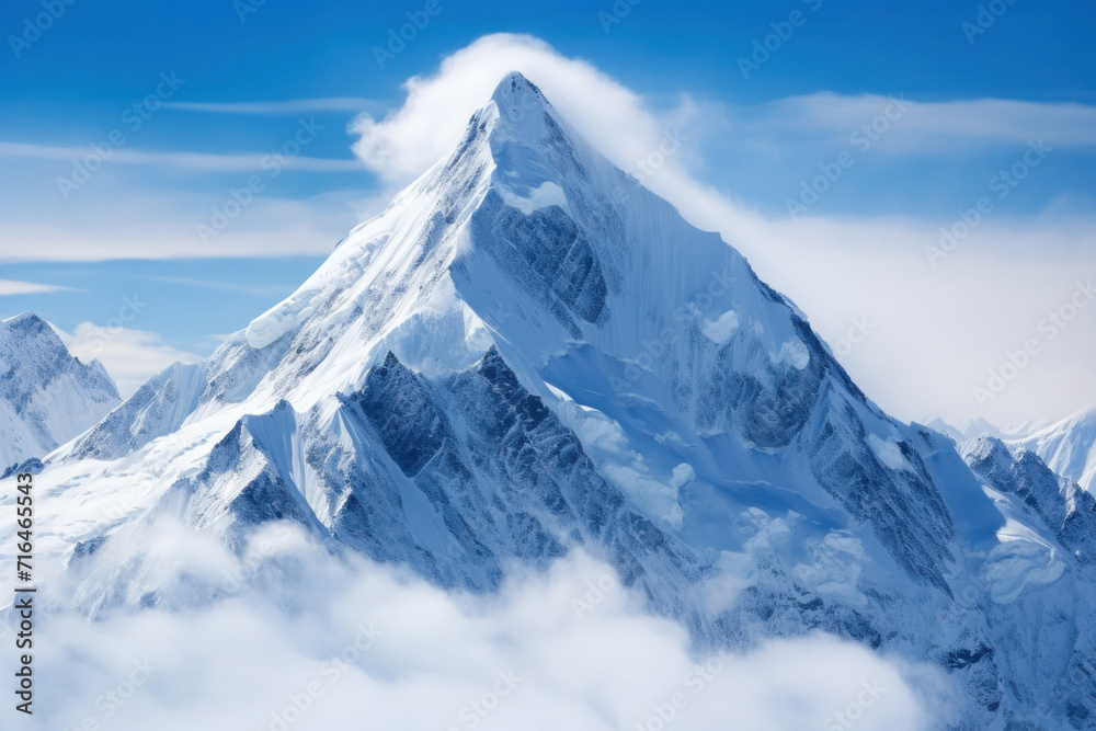 A majestic snowy mountain peak towering above the clouds, its pristine white slopes contrasting against the deep blue sky.