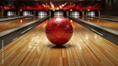 Red bowling ball on a wooden track on a background of skittles.