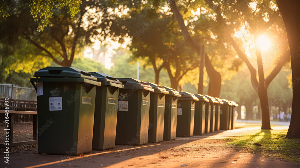 A row of recycling bins in a well - maintained city park. A row of recycling bins in a well - maintained city park.