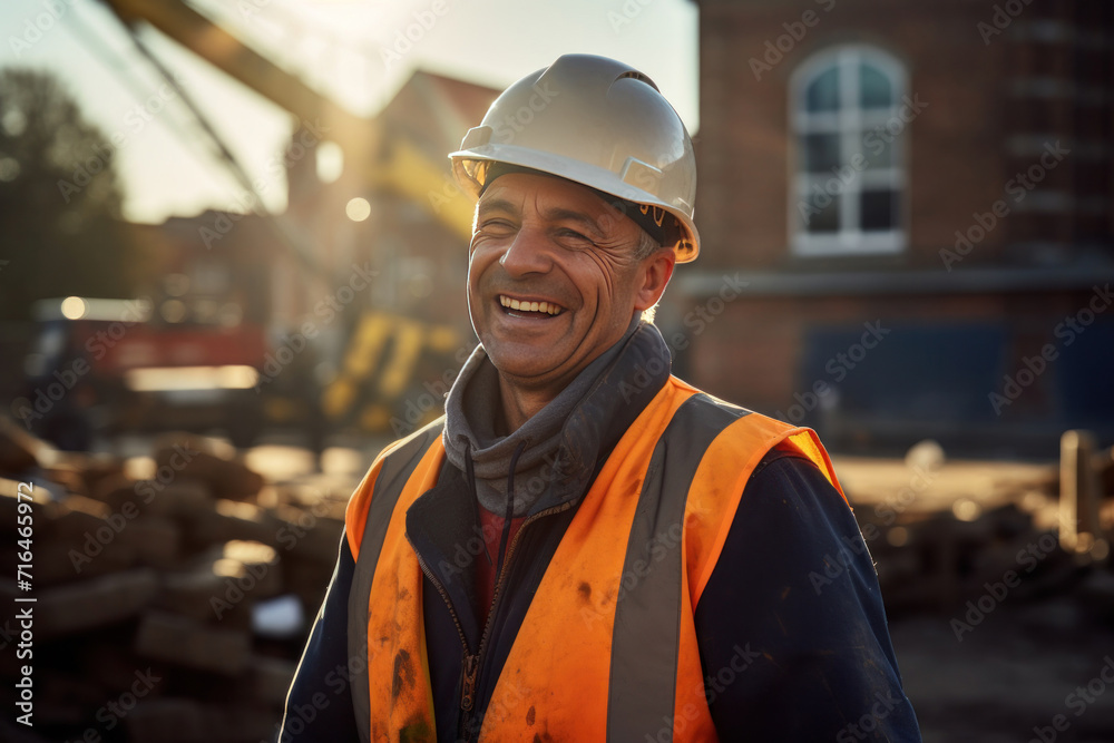 A smiling experienced man working on a building site. A smiling experienced man working on a building site.