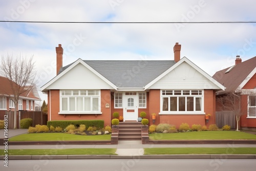 red brick home, white dormers, symmetrical windows, tidy hedges photo