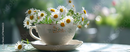 A delicate porcelain teacup filled with blooming chamomile flowers, embodying the calming and soothing aspects of love.