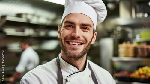 Smiling chef in a restaurant. Kind chef in a modern kitchen. Cook.