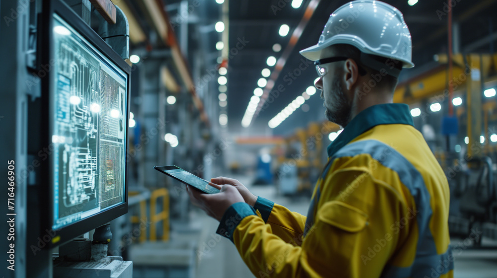 Engineer Analyzing Data on Tablet in Factory. An engineer in a hardhat reviews digital schematics on a tablet in an industrial setting Engineer Analyzing Data on Tablet in Factory. An engineer in a hardhat reviews digital schematics on a tablet in an industrial setting