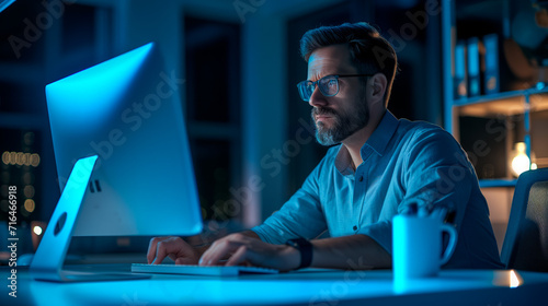 Late Night Office Work. Man working on computer in dark office