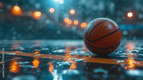 Basketball on Glossy Court Floor with Lighting