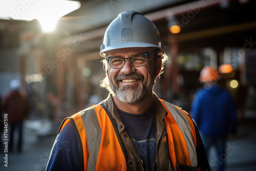 A smiling mature man worker in a construction site. © Wararat