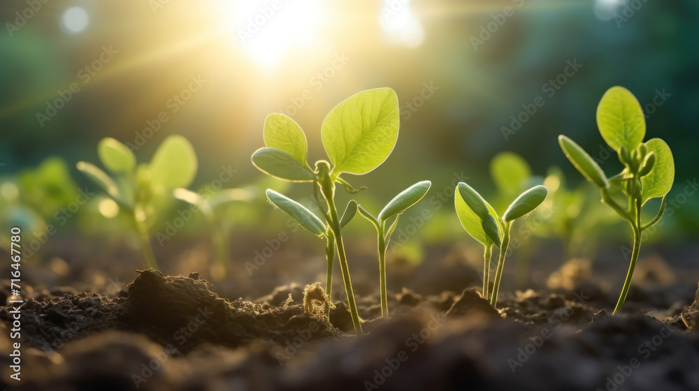 Agriculture plant seeding growing step concept. soybean growth in a field. - obrazy, fototapety, plakaty 