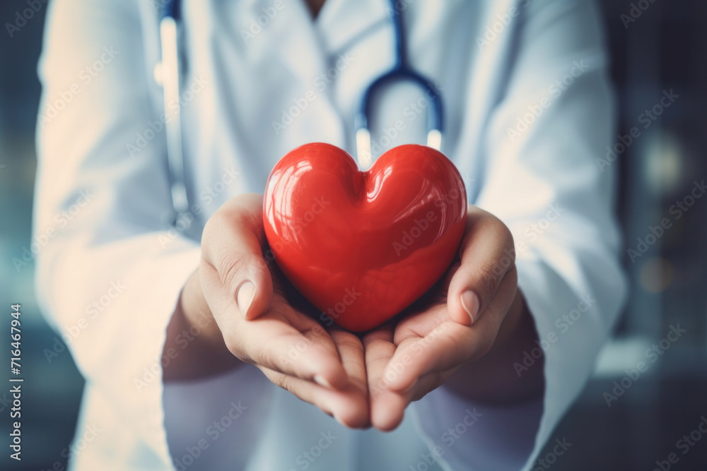 Close up hand of Doctor's hand holding a red heart shape in a hospital. love, donor, world heart day, health, insurance concept.