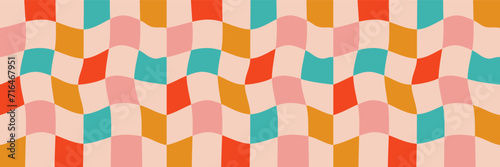 Christmas wavy groovy checker vector background. Retro holiday fluid abstract checkerboard backdrop. Xmas curved distorted check abstract geometric pattern. Pink, red, green, and gold color