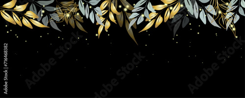 Vector art deco luxury flower, leaves line pattern, golden background. Golden botany banner. Japanese style Hand drawn vector. Line art style design. Hand drawn florals for packaging,coveand wall arts