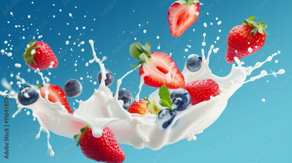 Milk splash with strawberry and blueberry. White liquid with fruits and berries on blue background.