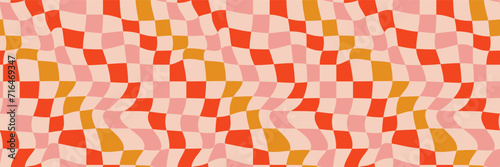 Christmas wavy groovy checker vector background. Retro holiday fluid abstract checkerboard backdrop. Xmas curved distorted check abstract geometric seamless pattern. Pink, red, and gold color
