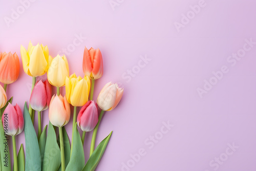 Colorful tulip flowers on side of pastel violet background with copy space