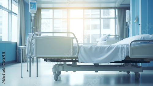 Empty hospital bed in the corridor of a modern hospital.