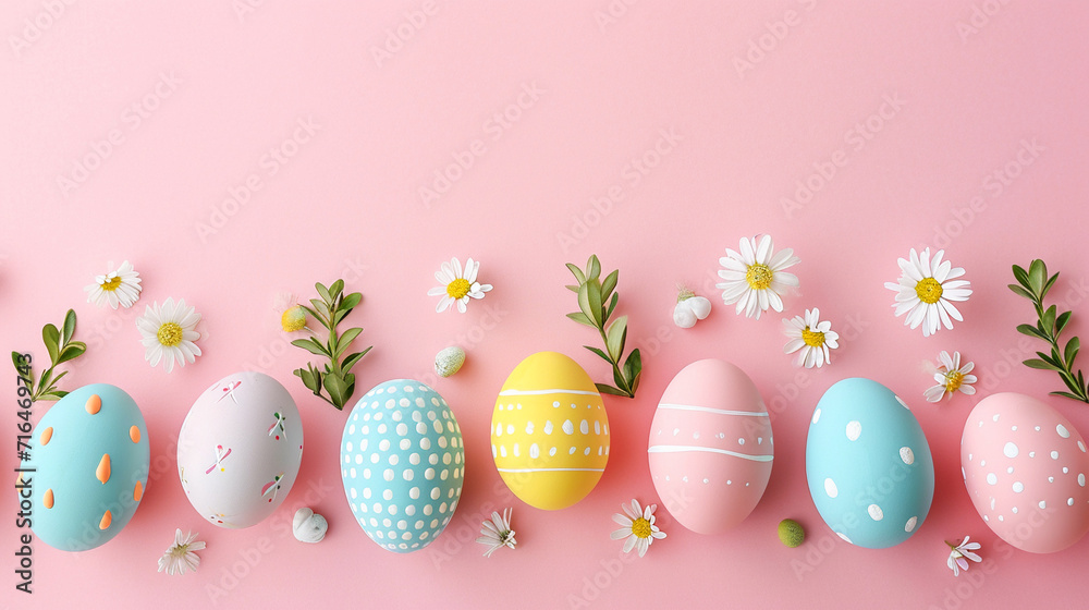 colorful Easter border with coloured eggs and spring flowers. Flat lay composition of painted Easter eggs on color background, space for text.