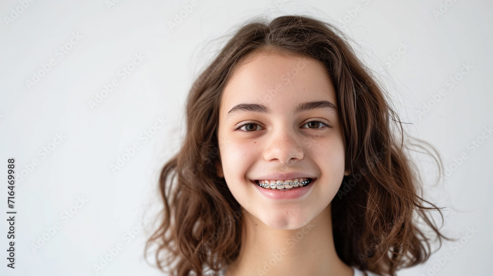 portrait of smiling young woman with braces on teeth. Bite correction, orthodontist, health, medicine, dentistry portrait of smiling young woman with braces on teeth. Bite correction, orthodontist, health, medicine, dentistry