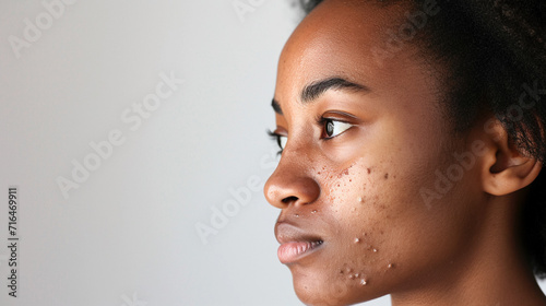 young black woman with skin problem acne on the face. photo