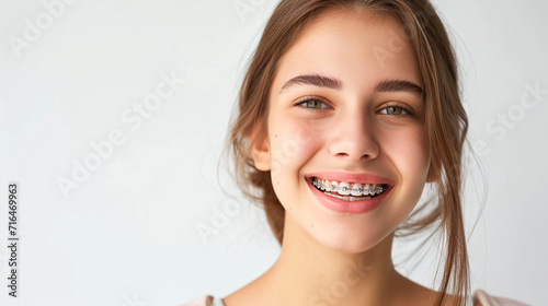 portrait of smiling young woman with braces on teeth. Bite correction, orthodontist, health, medicine, dentistry