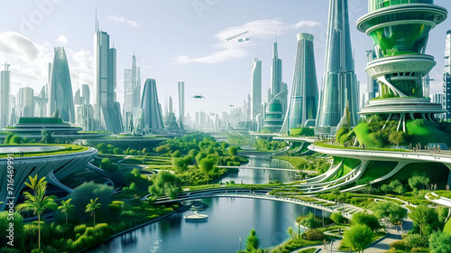 Sustainable Futuristic City Architecture. Innovative Green Design Addressing Ecology, Climate Change, Overpopulation. Smart Urban Solutions, Technology for Good, Nature, Wellness and Biodiversity 
